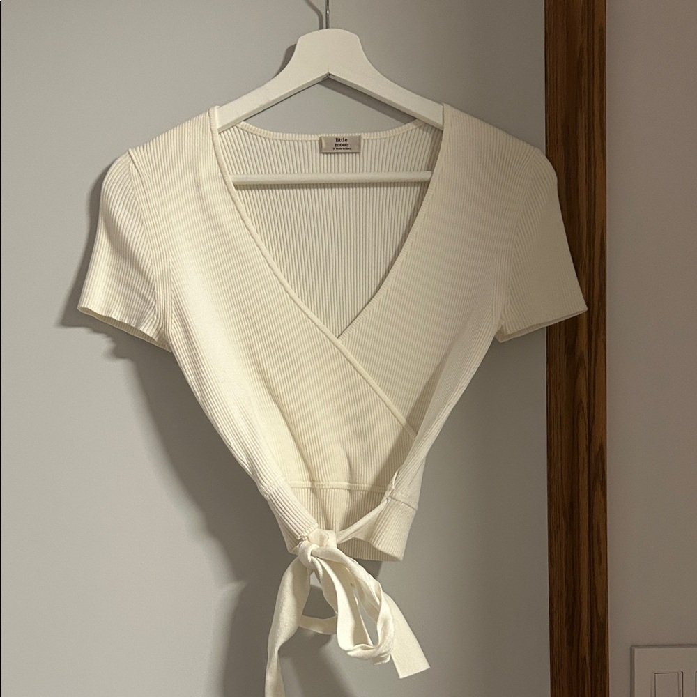 Little Moon Cream Ribbed Wrap Blouse